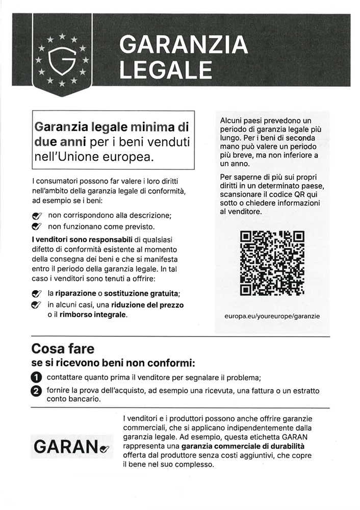 Diritto dei clienti in caso di prodotto non conforme (garanzia minima di 2 anni)