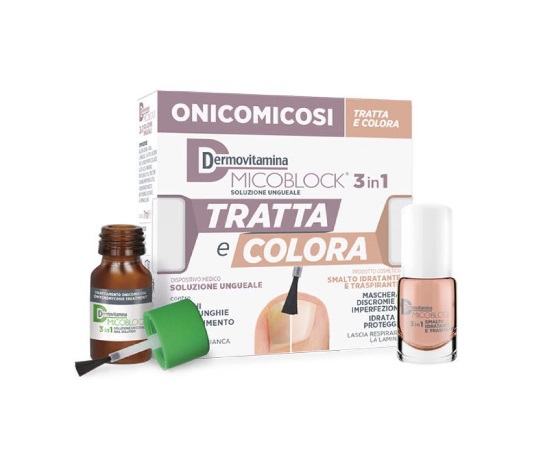 DERMOVITAMINA MICOBLOCK 3 IN 1 TRATTA E COLORA SOLUZIONE UNGUEALE 7 ML + SMALTO IDRATANTE TRASPIRANTE 5 ML - Farmafamily.it