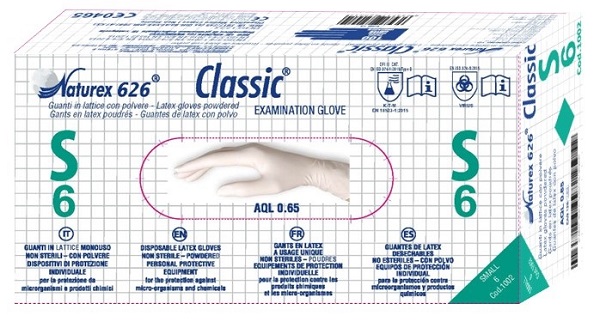 GUANTO IN LATTICE MONOUSO NON STERILE CON POLVERE NATUREX 626 CLASSIC MISURA SMALL 100 PEZZI - Farmafamily.it