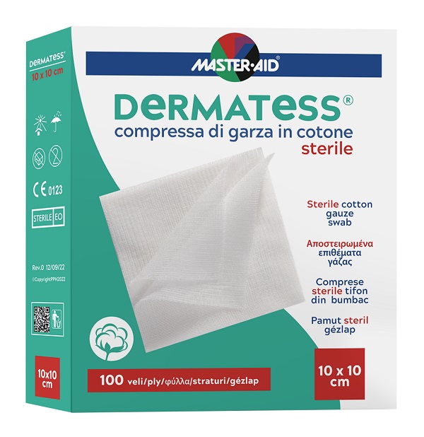 GARZA COMPRESSA MASTER-AID DERMATESS COTONE 10X10CM 100 PEZZI - Farmafamily.it