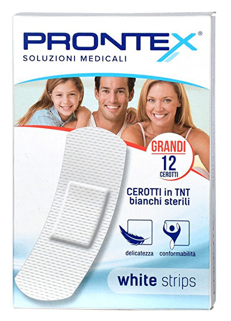 CEROTTO PRONTEX WHITE STRIPS IN TESSUTO NON TESSUTO BIANCO STERILE SCATOLA 12 CEROTTI GRANDI - Farmafamily.it