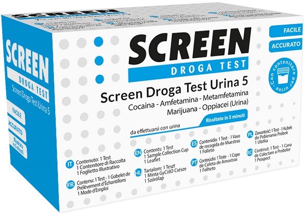 SCREEN DROGA TEST 5 DROGHE TEST ANTIDROGA CON CONTENITORE URINA - Farmafamily.it
