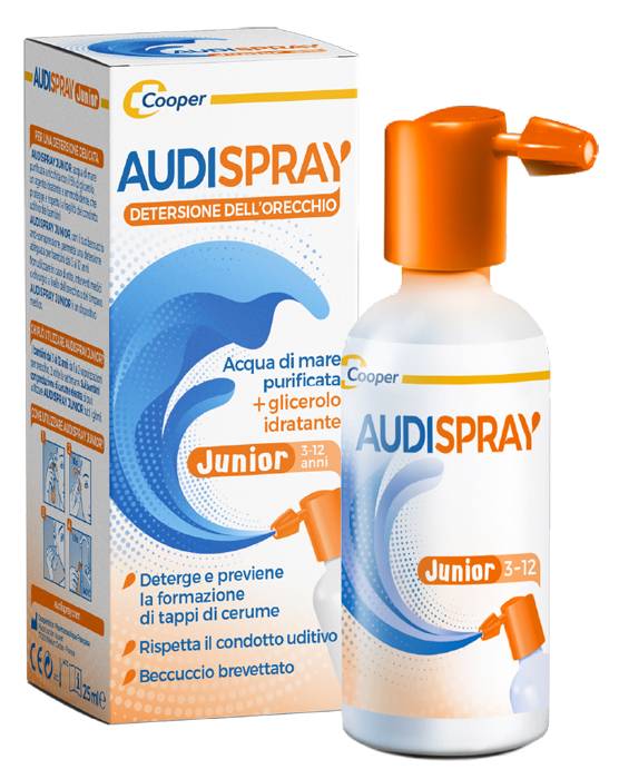 AUDISPRAY JUNIOR 3-12 ANNI SOLUZIONE DI ACQUA DI MARE IPERTONICA SPRAY SENZA GAS IGIENE ORECCHIO 25ML - Farmafamily.it