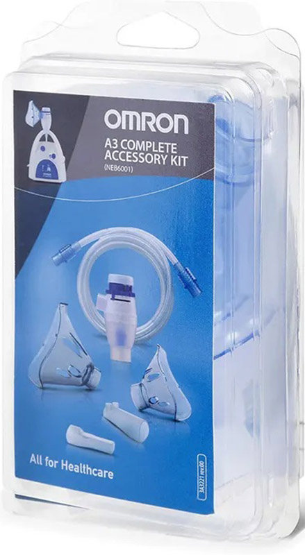 OMRON A3 COMPLETE KIT RICAMBIO AMPOLLA REGOLABILE + TUBO + MASCHERINA PEDIATRICA + MASCHERINA ADULTI + FORCELLE NASALI + BOCCAGLIO - Farmafamily.it
