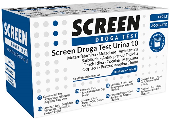 SCREEN DROGA TEST 10 DROGHE TEST ANTIDROGA CON CONTENITORE URINA - Farmafamily.it