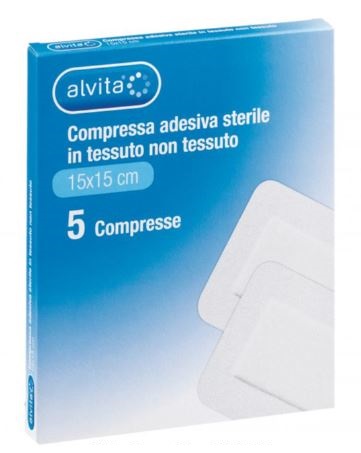 ALVITA GARZA COMPRESSA ADESIVA STERILE IN TESSUTO NON TESSUTO ESTENSIBILE BIANCO 15X15CM 5 PEZZI - Farmafamily.it