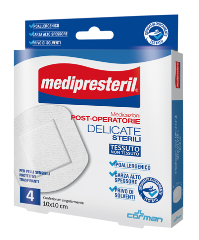 CEROTTO DI MEDICAZIONE STERILE CON SUPPORTO IN TNT MEDIPRESTERIL POSTOPERATORIO DELICATO 10X10 CM 4 PEZZI - Farmafamily.it