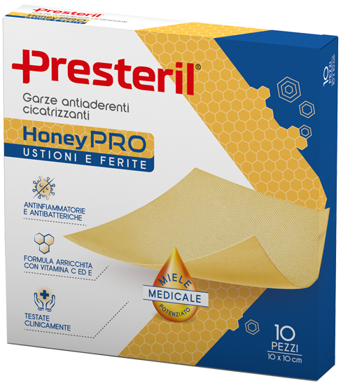 GARZA ANTIADERENTE CICATRIZZANTE PRESTERIL HONEYPRO 10X10 CM 10 PEZZI - Farmafamily.it