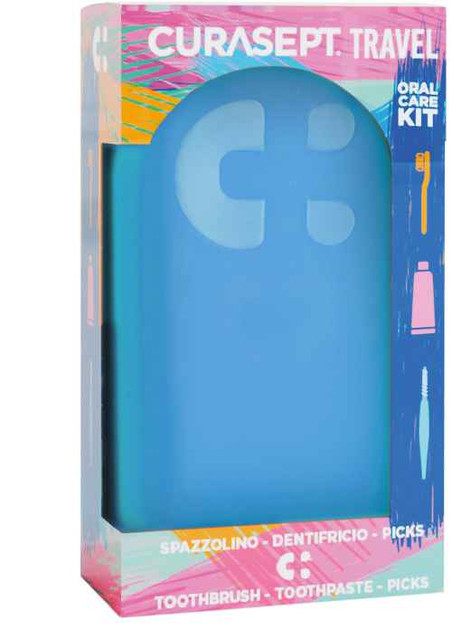 CURASEPT TRAVEL BLU 1 SPAZZOLINO + 1 DENTIFRICIO 20 ML + 3 PICKS - Farmafamily.it