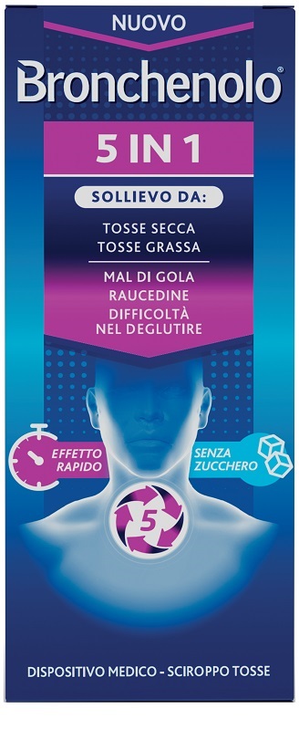 BRONCHENOLO 5 IN 1 SCIROPPO TOSSE 120 ML SENZA ZUCCHERO, ALCOL, LATTOSIO, GLUTINE, COLORANTI ARTIFICIALI E OGM - Farmafamily.it