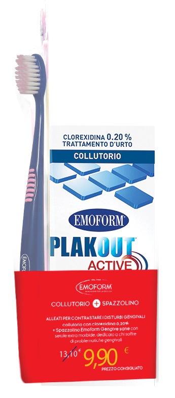 EMOFORM PLAK OUT ACTIVE COLLUTORIO 0,20% CLOREXIDINA 200 ML + EMOFORM GENGIVE SANE SPAZZOLINO - Farmafamily.it
