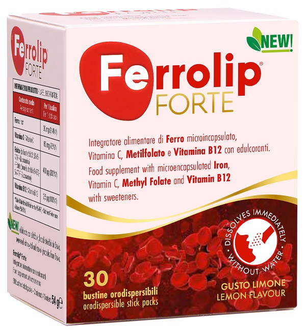 FERROLIP FORTE 30 BUSTINE ORODISPERSIBILI GUSTO LIMONE CON EDULCORANTI NEW - Farmafamily.it