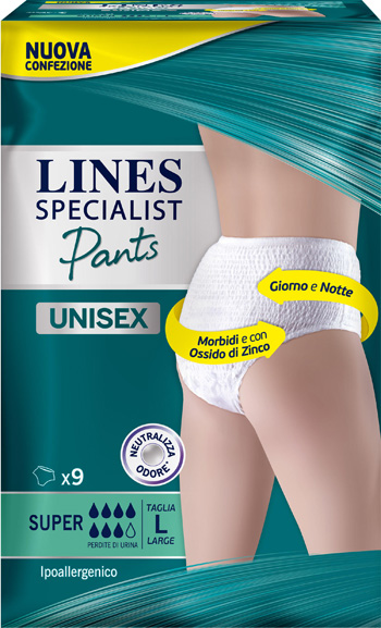 LINES SPECIALIST PANTS SUPER L X 9 PANNOLONE MUTANDINA INDOSSABILE COME NORMALE BIANCHERIA TIPO PULL-ON - Farmafamily.it