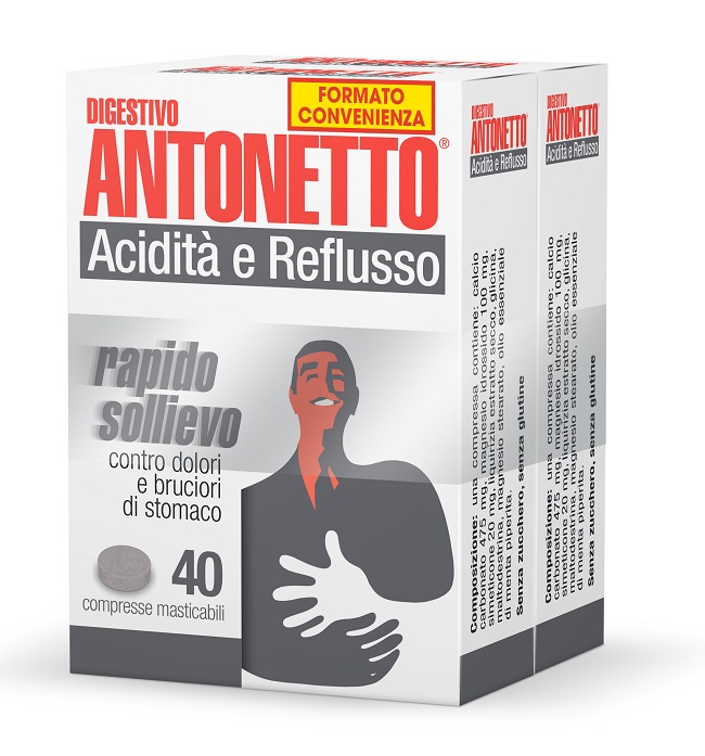 DIGESTIVO ANTONETTO ACIDITA' E REFLUSSO 80 COMPRESSE MASTICABILI 2 ASTUCCI DA 40 COMPRESSE - Farmafamily.it