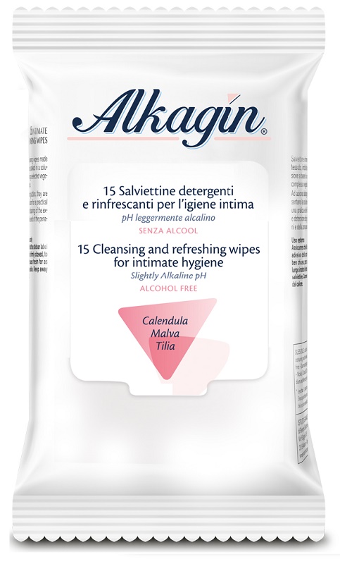 ALKAGIN SALVIETTINE DETERGENTI E RINFRESCANTI PER L'IGIENE INTIMA PH LEGGERMENTE ALCALINO SENZA ALCOOL 15 PEZZI CALENDULA MALVA E TILIA - Farmafamily.it
