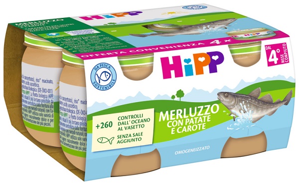 HIPP OMOGENEIZZATO MERLUZZO/PATATE/CAROTE 4X80 G - Farmafamily.it