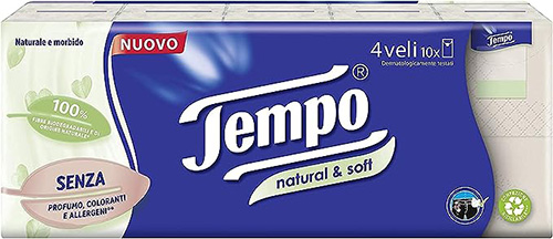 TEMPO FAZZOLETTI NATURAL&SOFT 10 PEZZI DA 9 FAZZOLETTI - Farmafamily.it