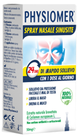 PHYSIOMER SPRAY NASALE SINUSITE 2 PEZZI 1 FLACONE DA 50 MG DI ESTRATTO DI CICLAMINO NATURALE LIOFILIZZATO + 1 FIALE DA 5 ML DI SOLVENTE - Farmafamily.it