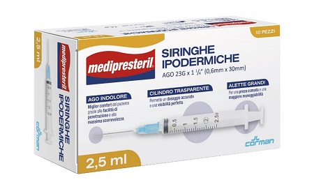 SIRINGA IPODERMICA MEDIPRESTERIL AGO 23 GAUGE 1 1/4 0,6X30MM 2,5 ML 10 PEZZI - Farmafamily.it