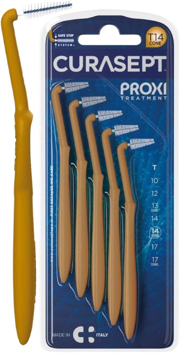 SCOVOLINO CURASEPT PROXI ANGLE MISURA T14 CONICO ISO 4 COLORE OCRA DIAMETRO 1,4 MM 5 PEZZI - Farmafamily.it