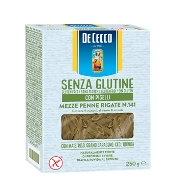 DE CECCO MEZZE PENNE RIGATE N141 CON PISELLI 250 G - Farmafamily.it