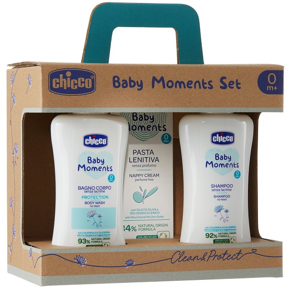 CHICCO BABY MOMENTS SET BAGNOCHIUMA PELLI DELICATE 200 ML + SHAMPOO PELLI DELICATE 200 ML + PASTA CAMBIO PELLI DELICATE 100 ML - Farmafamily.it
