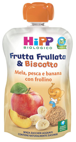 HIPP BIO FRUTTA FRULLATA &BISCOTTO MELA PESCA BANANA FROLLINO 90 G - Farmafamily.it