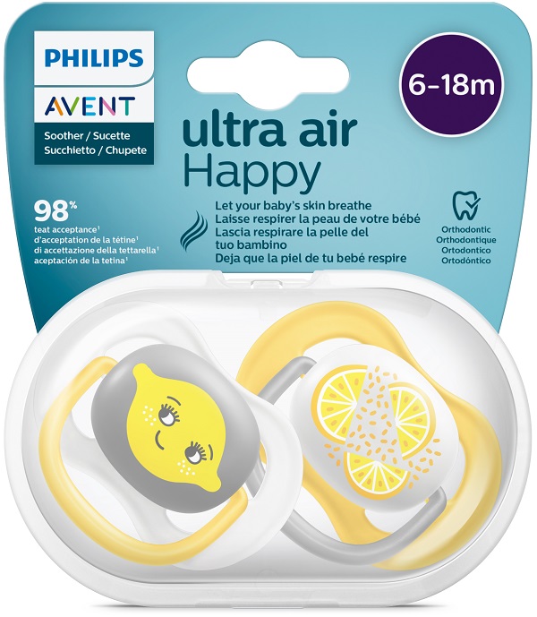 AVENT ULTRA AIR CIUCCIO ORTODONTICO 6-18 MESI NEUTRO/LIMONI 2 PEZZI - Farmafamily.it