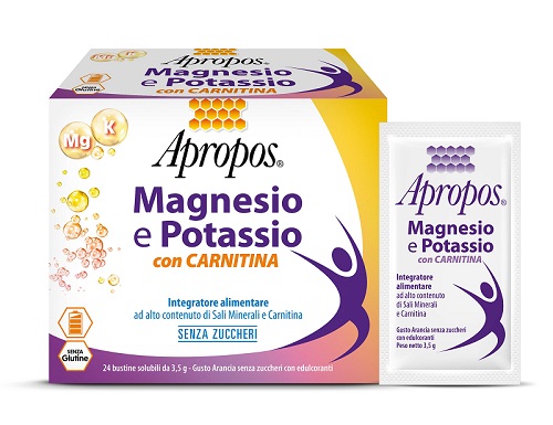 APROPOS MAGNESIO E POTASSIO CON CARNITINA 24 BUSTINE SOLUBILI DA 3,5 G GUSTO ARANCIA SENZA ZUCCHERI - Farmafamily.it