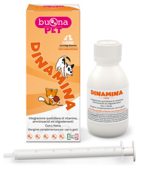 DINAMINA MANGIME COMPLEMENTARE CANI GATTI FLACONE CON SIRINGA DOSATRICE IN PASTA 60 G BUONAPET - Farmafamily.it