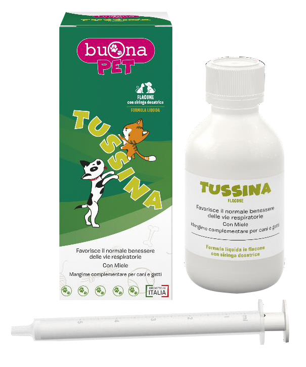 TUSSINA FLACONE MANGIME COMPLEMENTARE CANI GATTI CON SIRINGA DOSATRICE FORMA LIQUIDA 100 G BUONAPET - Farmafamily.it