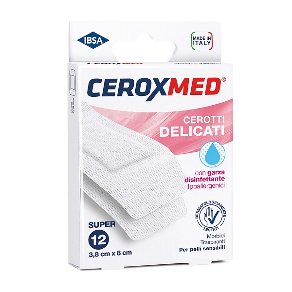CEROTTI DELICATI CEROXMED CON GARZA DISINFETTANTE IPOALLERGENICI PER PELLI SENSIBILI SUPER 3,8X8CM 12 PEZZI - Farmafamily.it