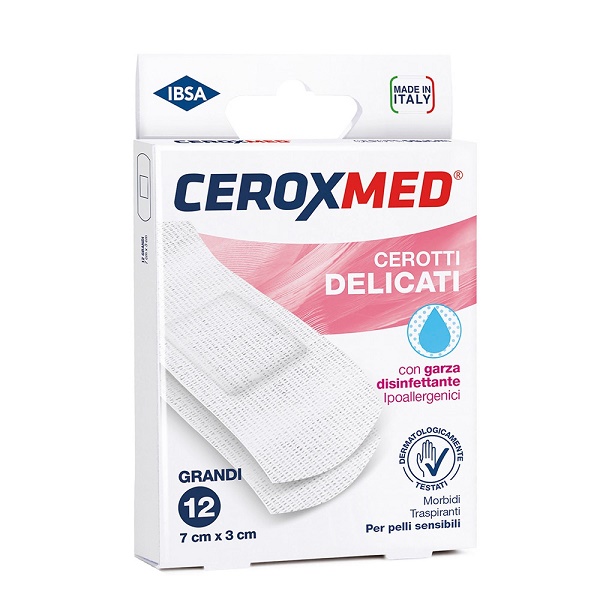 CEROTTI DELICATI CEROXMED CON GARZA DISINFETTANTE PER PELLI SENSIBILI 7X3CM 12 PEZZI - Farmafamily.it