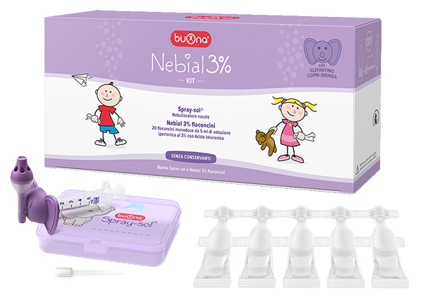 NEBIAL 3% KIT 20 FLACONCINI MONODOSE 5ML SOLUZIONE IPERTONICA CON ACIDO IALURONICO + NEBULIZZATORE SPRAY-SOL - Farmafamily.it