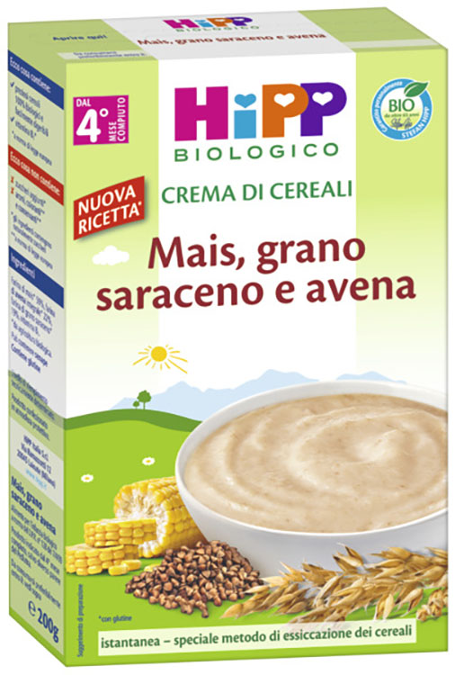 HIPP BIO CREMA CEREALI MAIS/GRANO SARACENO/AVENA 200 G - Farmafamily.it