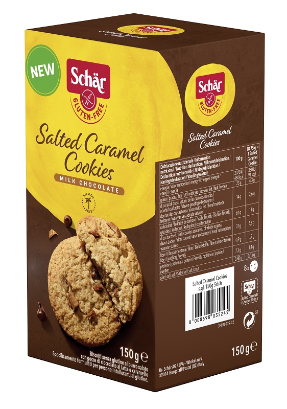 SCHAR SALTED CARAMEL COOKIES CON GOCCE DI CIOCCOLATO AL LATTE E CARAMELLO 150 G - Farmafamily.it