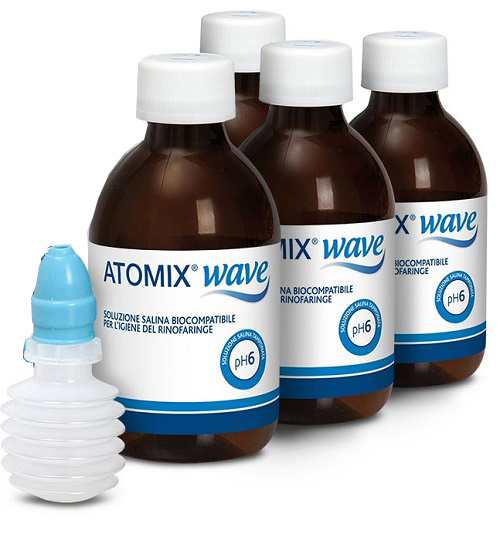 ATOMIX WAVE DISPOSITIVO PER IGIENE RINOFARINGEA ATOMIX SOLUZIONE SALINA 4 FLACONI DA 250 ML - Farmafamily.it