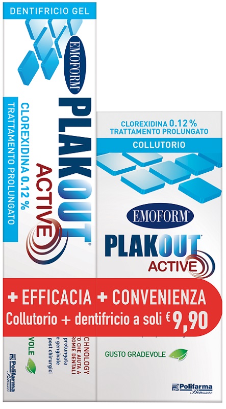 EMOFORM PLAK OUT ACTIVE CLOREXIDINA 0,12% COLLUTORIO 200 ML + DENTIFRICIO 75 ML - Farmafamily.it