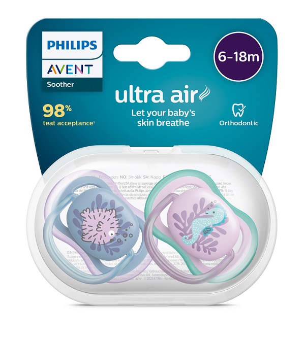 AVENT ULTRA AIR CIUCCIO ORTODONTICO 6-18 MESI PESCE PALLA/CAVALLUCCIO MARINO 2 PEZZI - Farmafamily.it