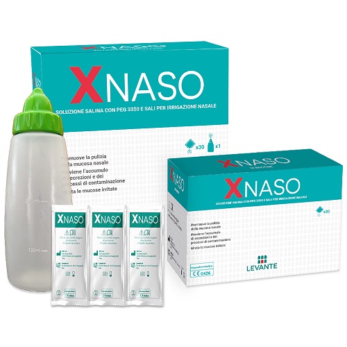 SOLUZIONE SALINA CON PEG 3350 E SALI PER IRRIGAZIONE NASALE XNASO 30 BUSTINE + 1 EROGATORE - Farmafamily.it