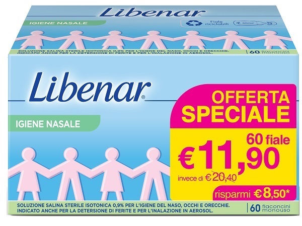 SOLUZIONE SALINA ISOTONICA 0,9% LIBENAR PER IGIENE NASALE 60 FLACONCINI MONOUSO X 5 ML - Farmafamily.it