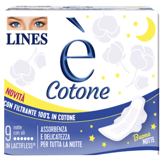 LINES E' COTONE ALI ASSORBENTE ESTERNO NOTTE 9 PEZZI - Farmafamily.it
