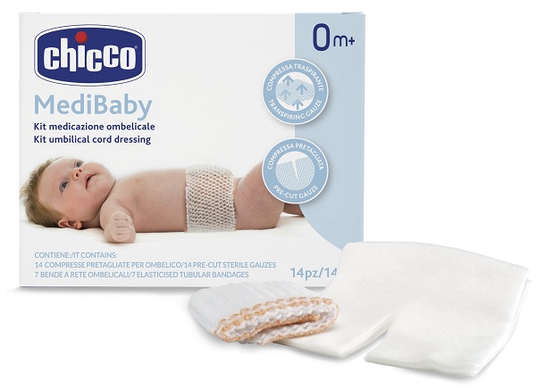 CHICCO KIT MEDICAZIONE OMBELICALE BENDA A RETE ELASTICA CALIBRO 6 + COMPRESSE IN TNT STERILI 10X10 CM 4 PEZZI - Farmafamily.it
