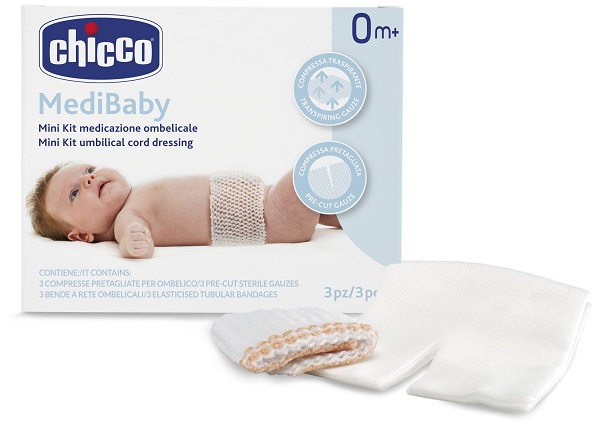 CHICCO MINI KIT MEDICAZIONE OMBELICALE BENDA A RETE ELASTICA CALIBRO 6 + COMPRESSE IN TNT STERILI 10X10 CM 4 PEZZI - Farmafamily.it